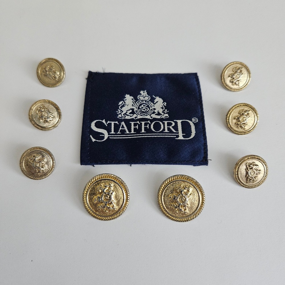 Stafford Gold Tone Suit Blazer Replacement Buttons Set of 8 Metal Crested Herald